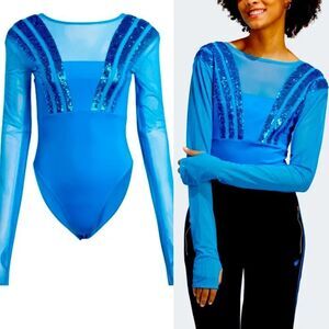 Adidas Originals Three Stripe Detailed  Santiago Bodysuit blue mesh sequin M